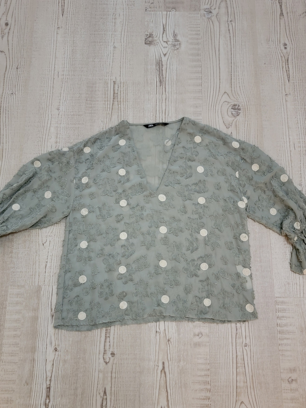 ZARA Light Sage Green V-Neck Sheer Blouse with White Dot Appliqués Small Office
